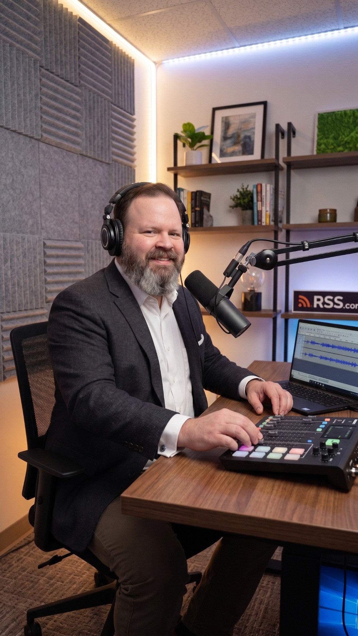 Dr. Mac seated in a podcast studio wearing headphones and speaking into a microphone