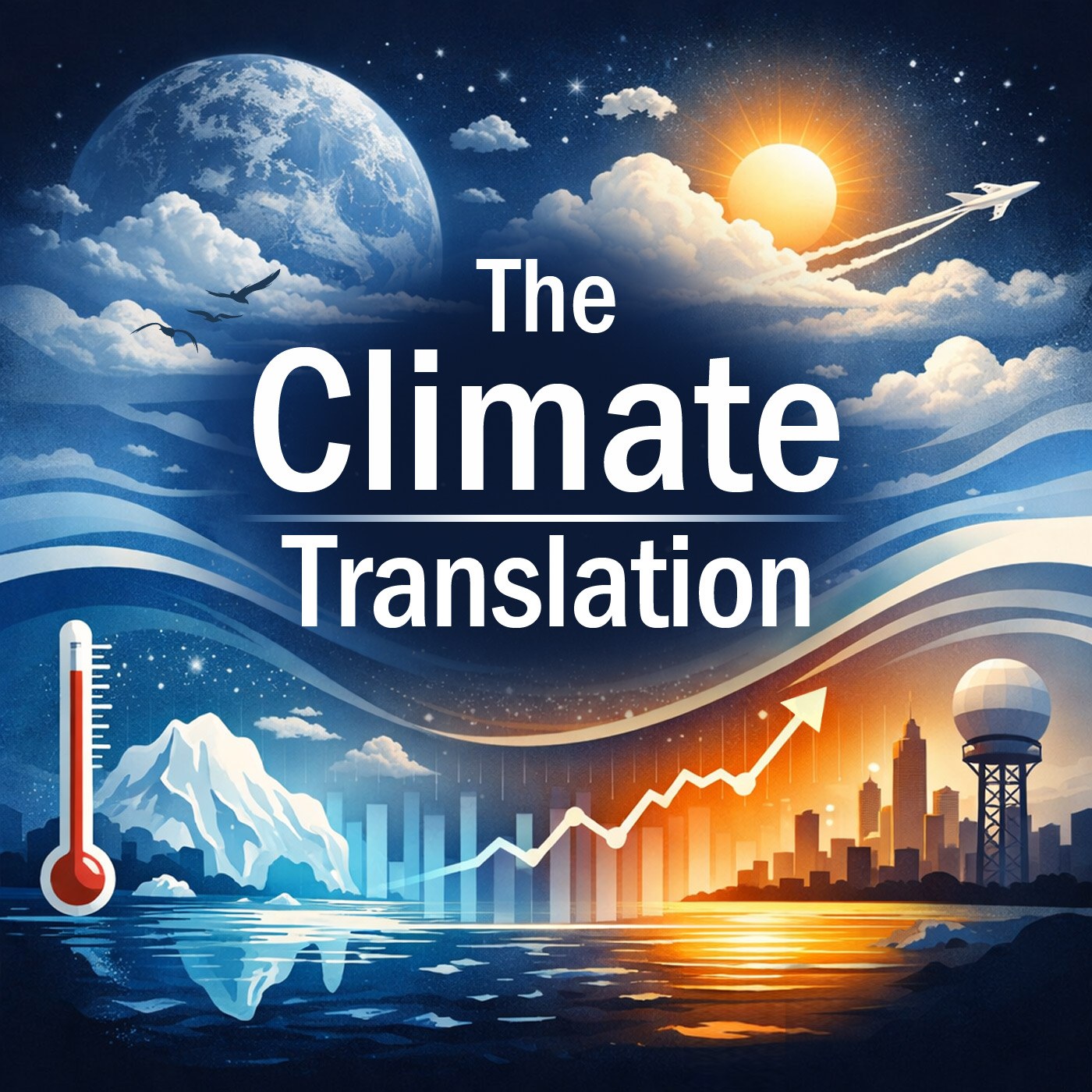 The Climate Translation podcast cover art showing Earth, clouds, the Sun, a thermometer, ice, a city skyline, and a rising graph